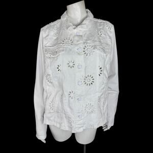 Belle by Kim Gravel Eyelet Jacket with Knit Sleeves and Back White Large